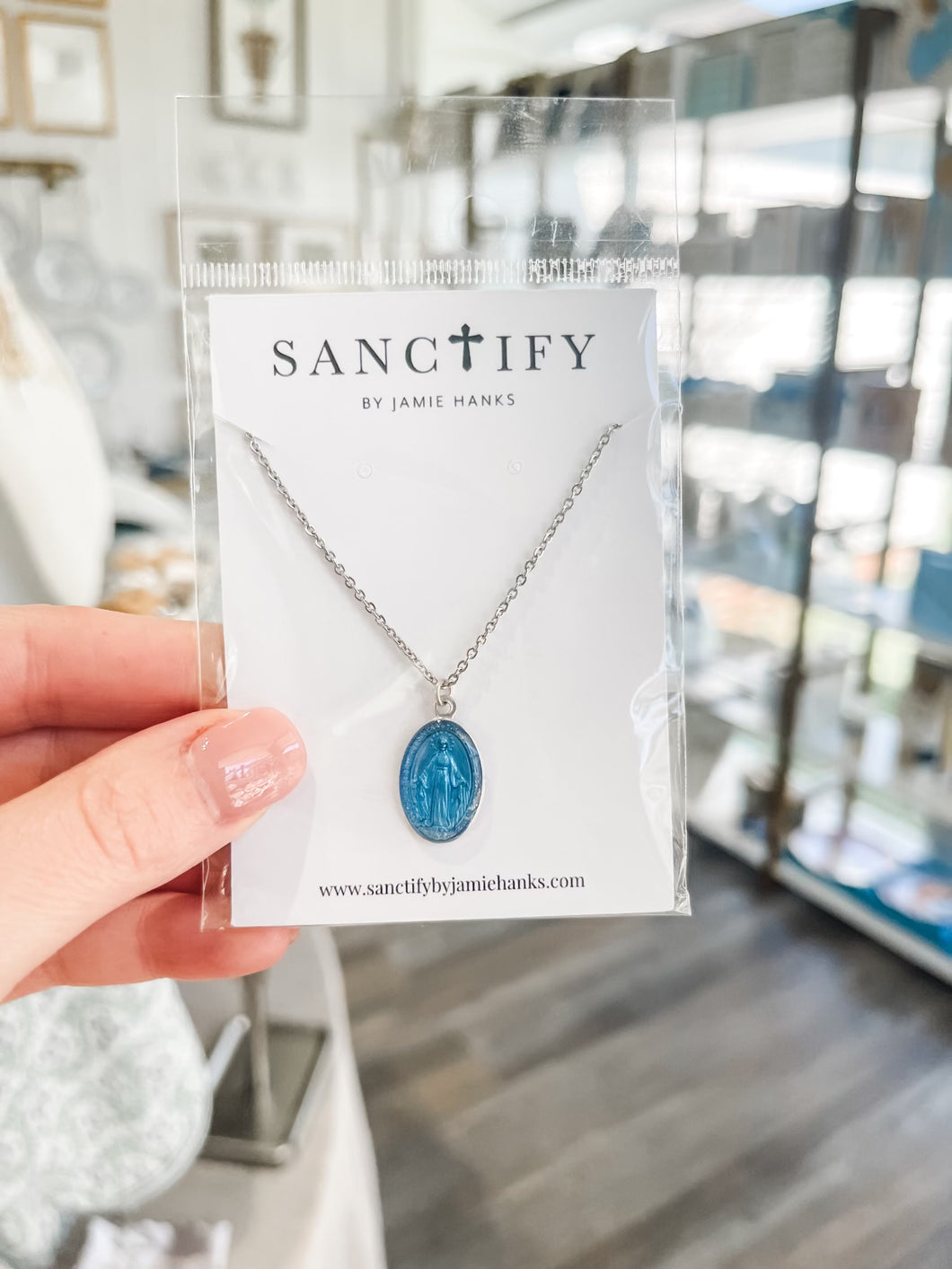 Light Blue Silver Miraculous Mary Necklace-Sanctify by Jamie Hanks