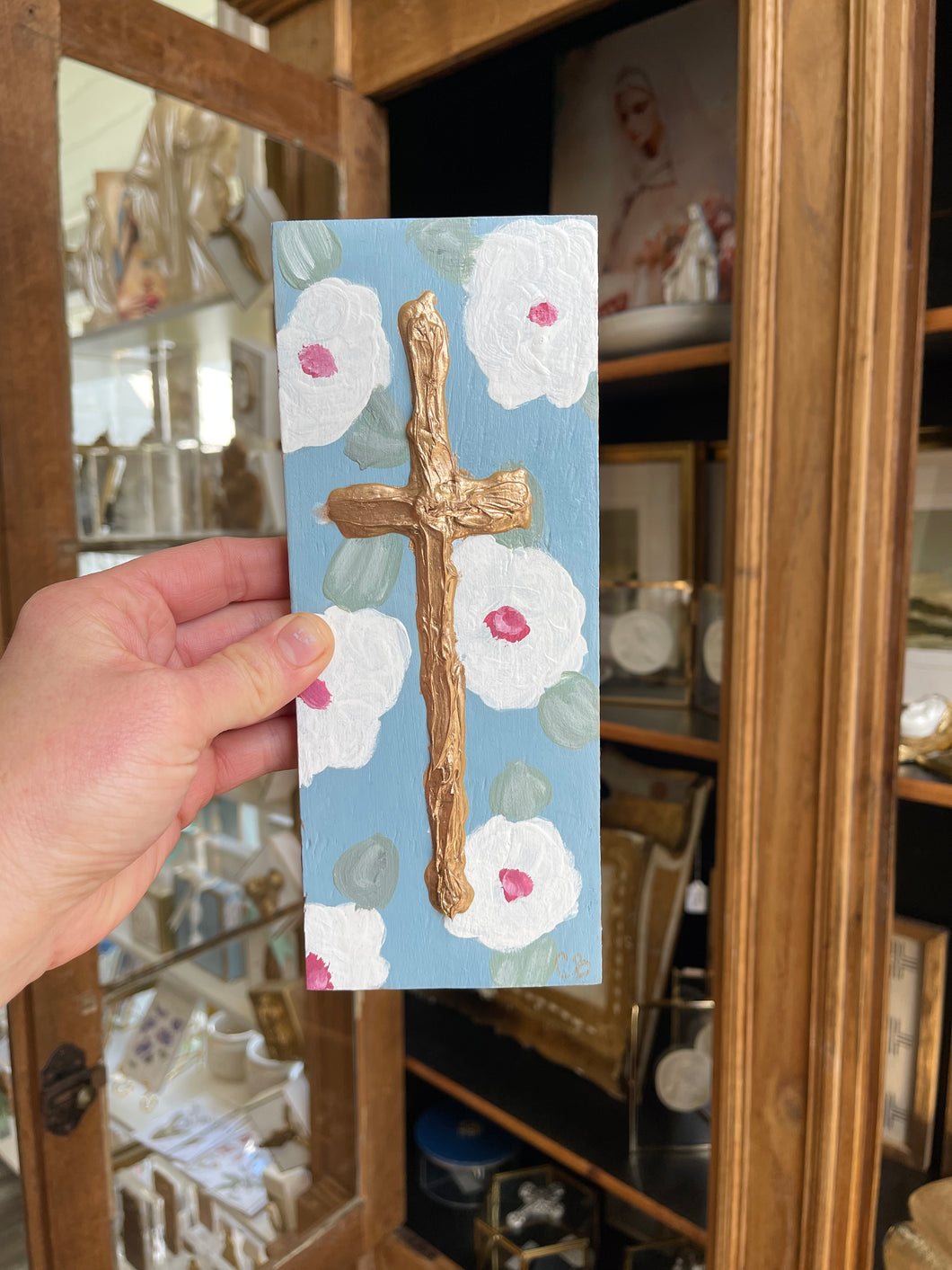 White / blue Floral textured gold leaf cross- Stretched Out Designs by Chelse Breaux