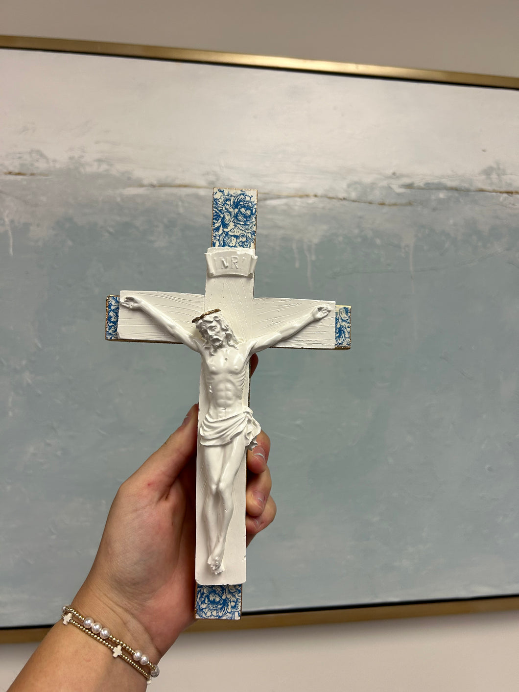 Blue + White wood crucifix   - Sacred Designs