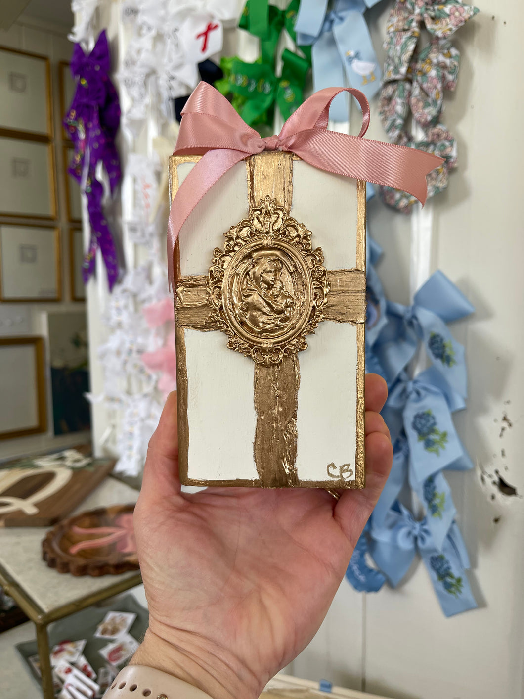 Mary and Jesus with pink bow - Stretched Out Designs by Chelse Breauxa