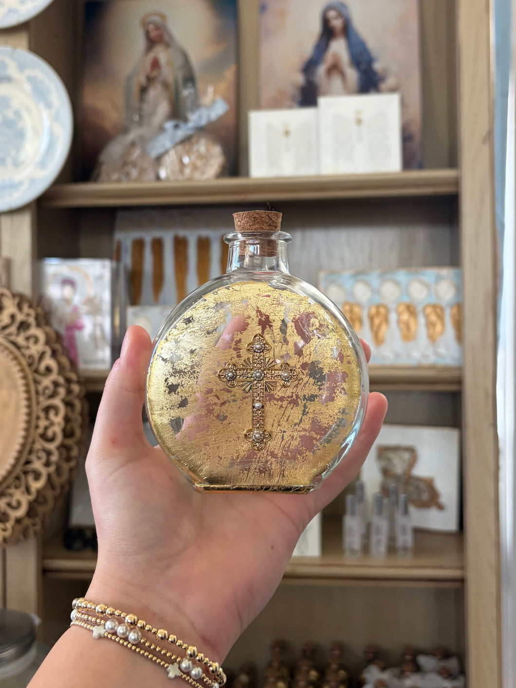 Round Holy water bottle distressed gold/diamond/pearl cross- By JLM Designs
