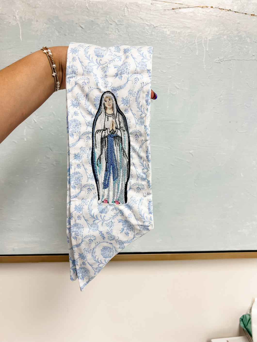 Mary Wreath Sash- blue and white floral- Toupelo Crafts