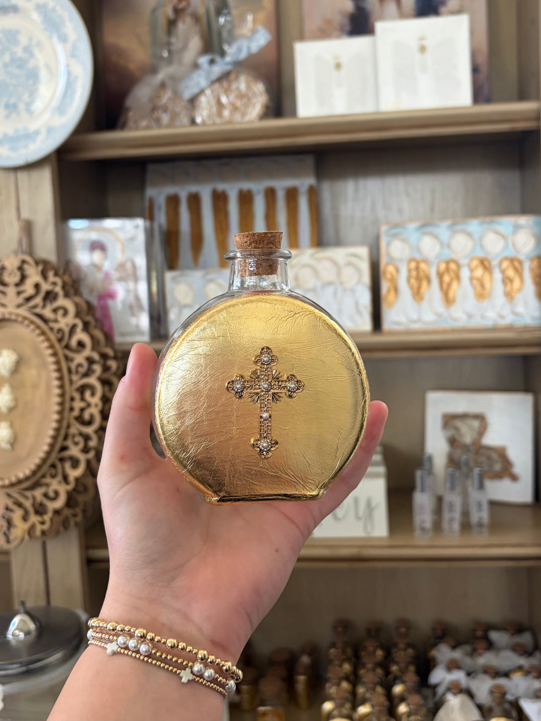 Round Holy water bottle gold/diamond/pearl cross- By JLM Designs
