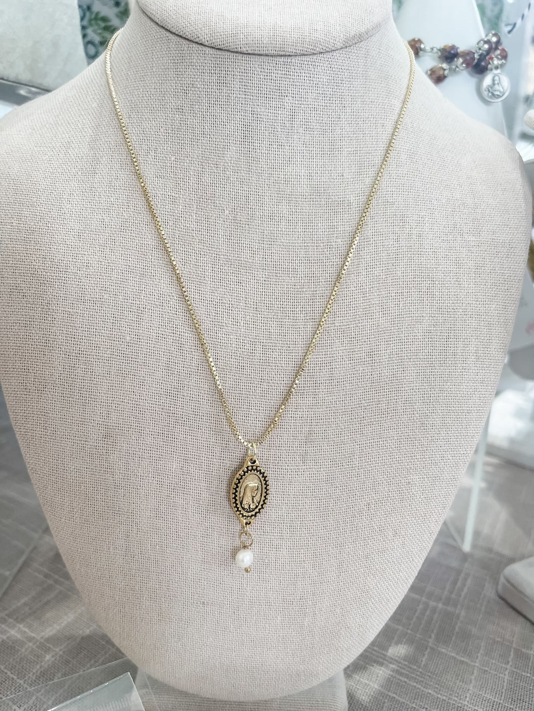 Gold Box Chain with Lourdes and Pearl necklace-The Gilded Mosquito by Lisa Leger