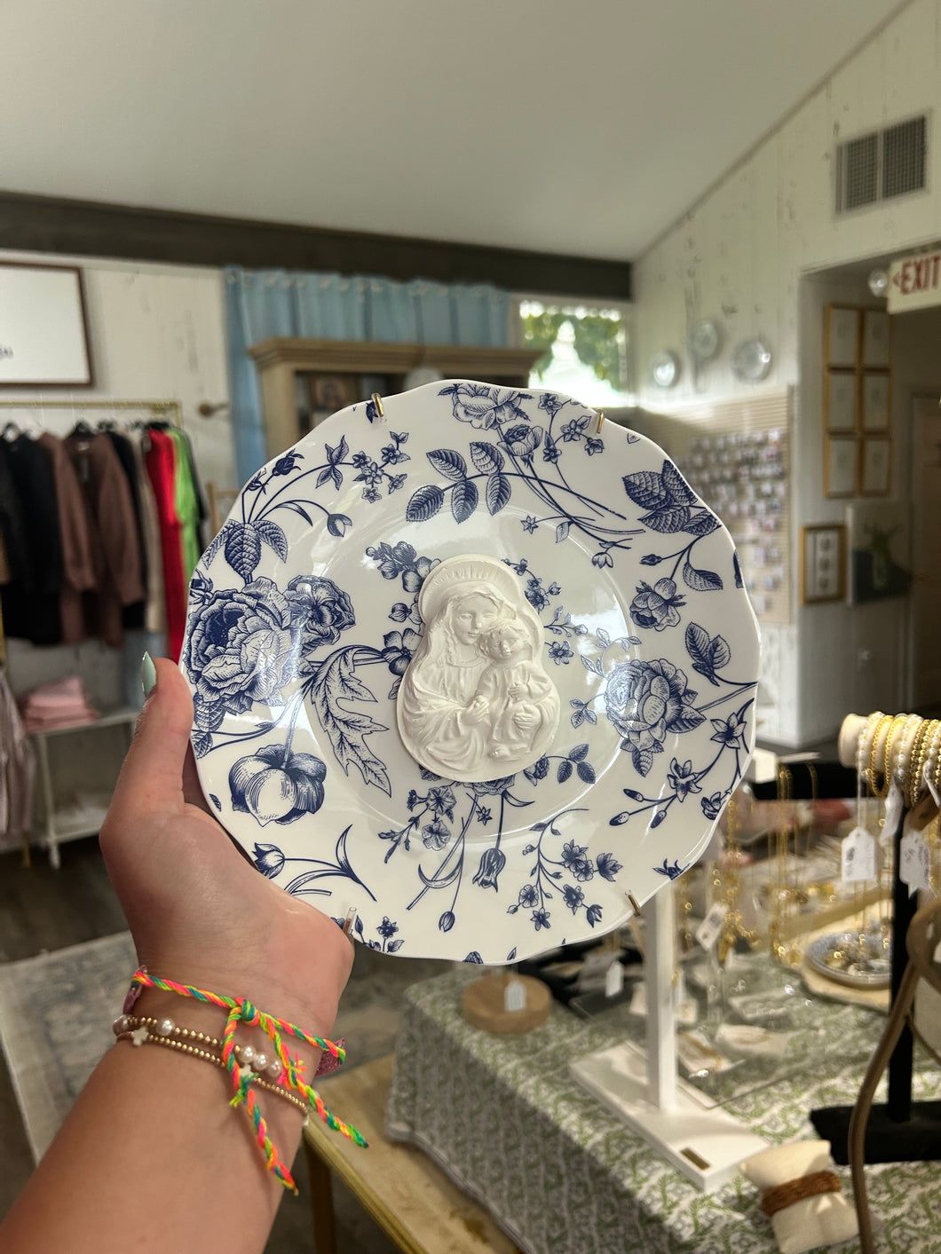 Blue floral 8’ plate Mother Mary + baby Jesus with wall hanger- Christina Yeager Designs