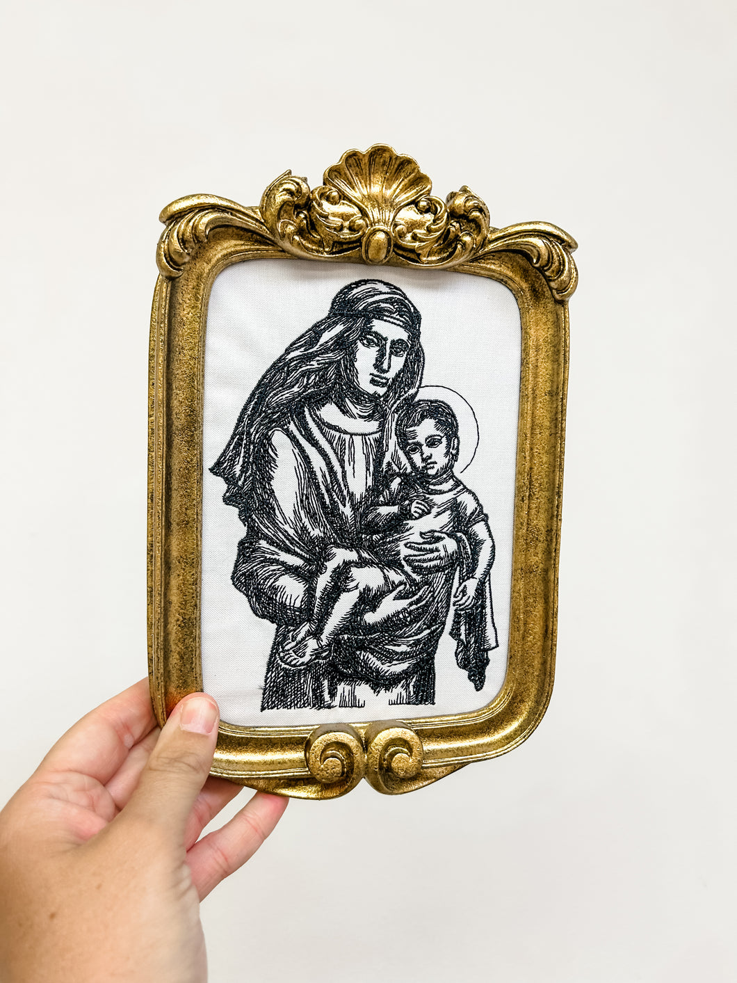 Embroidered Mary & Jesus in gold frame - Toupelo Crafts