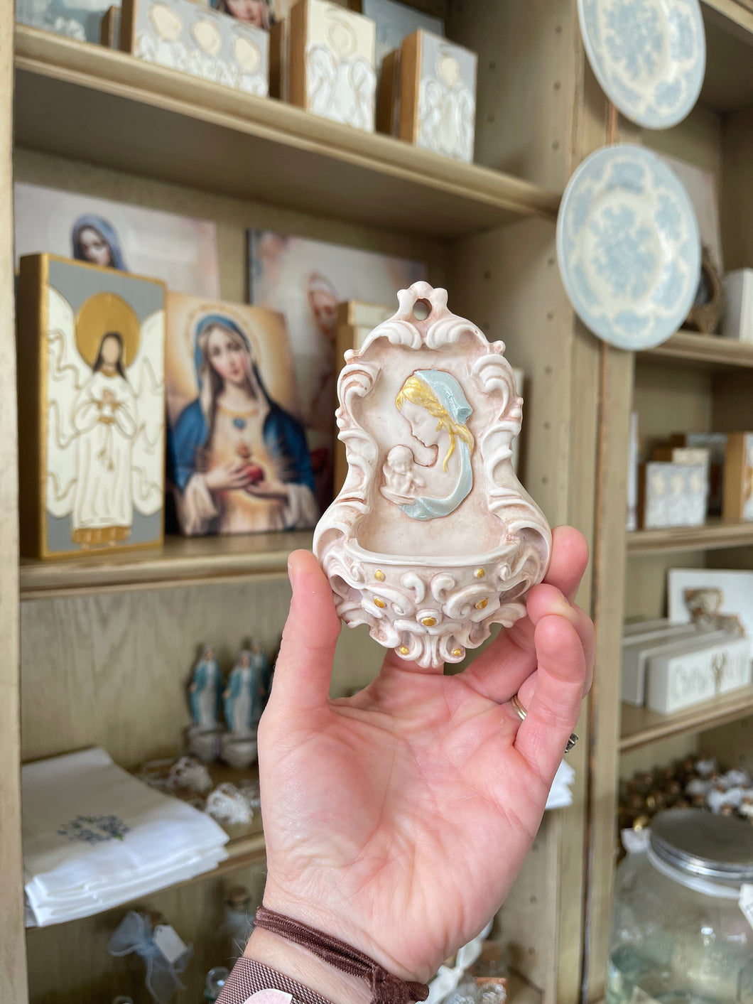 Traditional Italian Madonna + child Holy Water Font-Contreras Designs- Stretched Out Designs