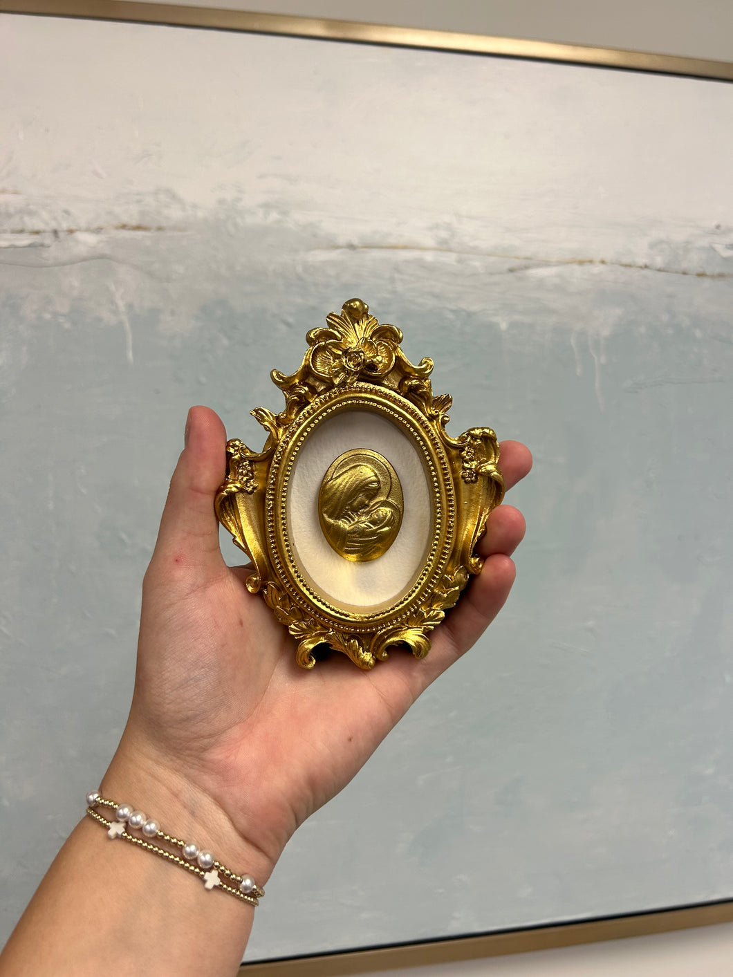 Mother Mary and Baby Jesus on ivory backed- small gold frame - Christina Yeager Designs
