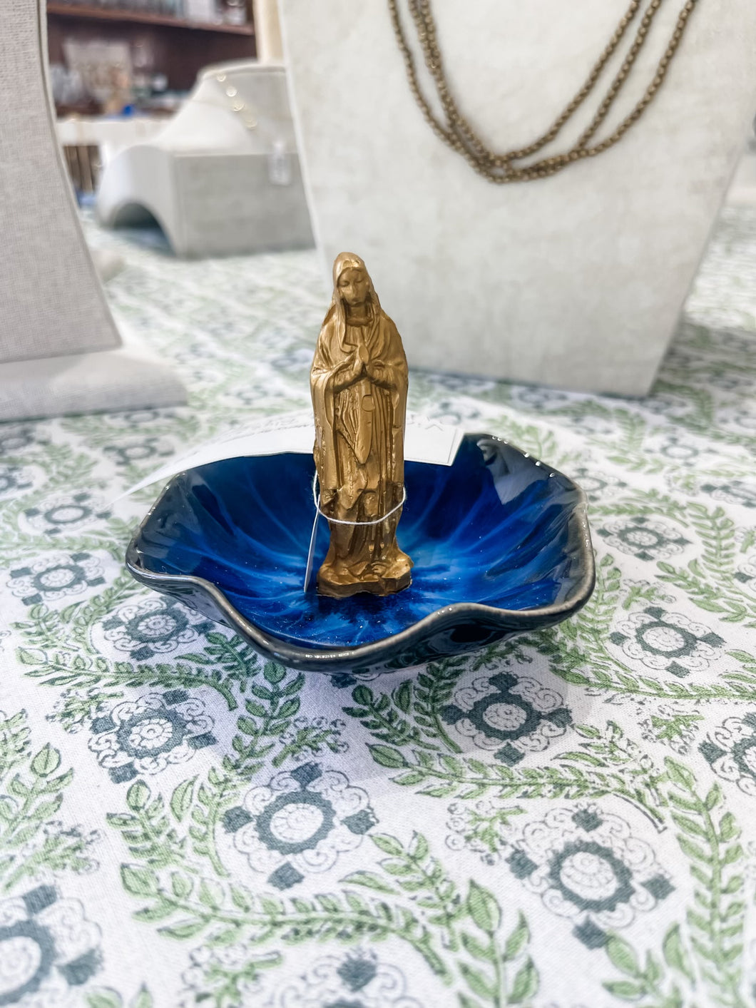 Virgin Mary Blue with Gold Rim Scalloped Jewlery/Rosary Dish -Grace and Mercy Company by Ginger