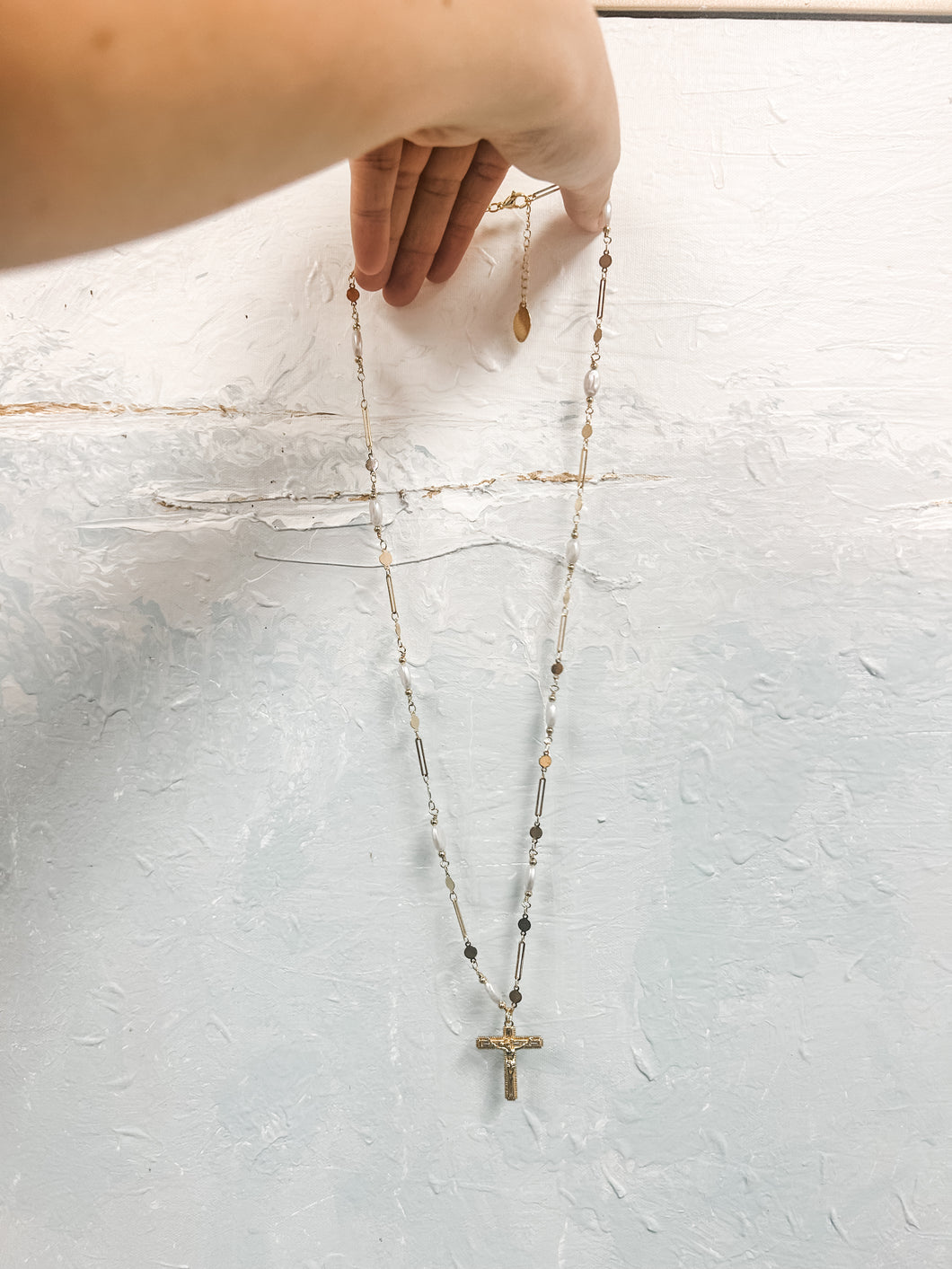 Flat pearls cross Necklace- Sanctify by Jamie Hanks