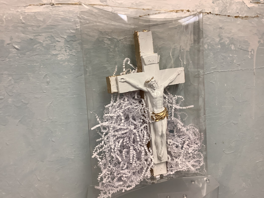 Jesus wood white and gold cross Sacred Designs