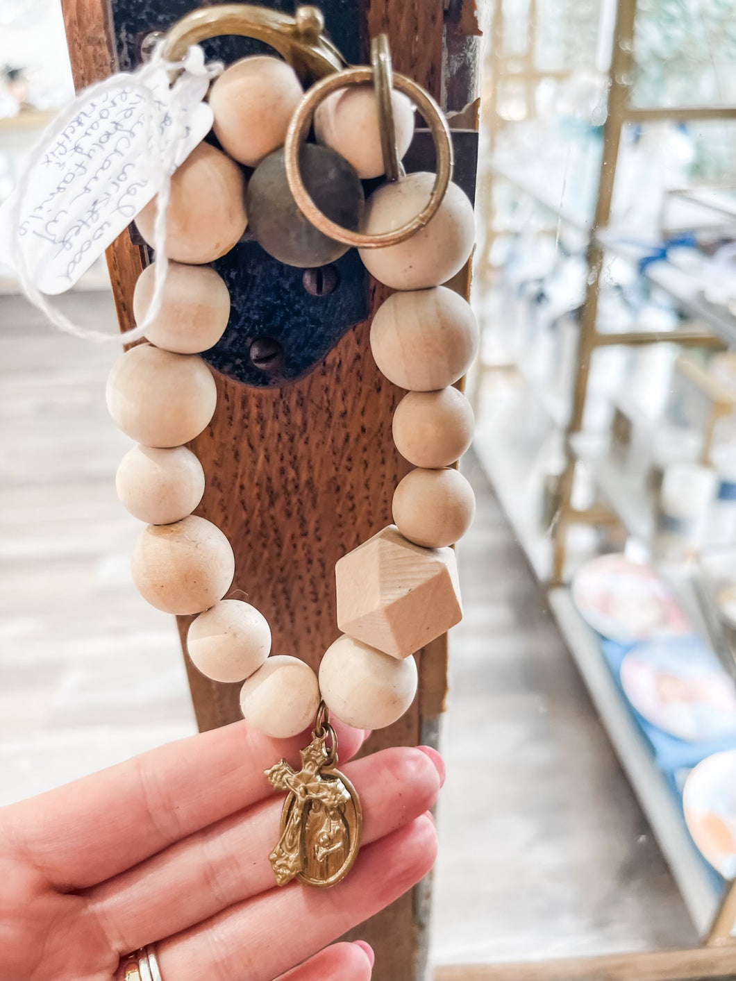 Natural wood bead wristlet keychain with the holy family pendant and crucifix-Stretched Out Designs By Chelse Breaux