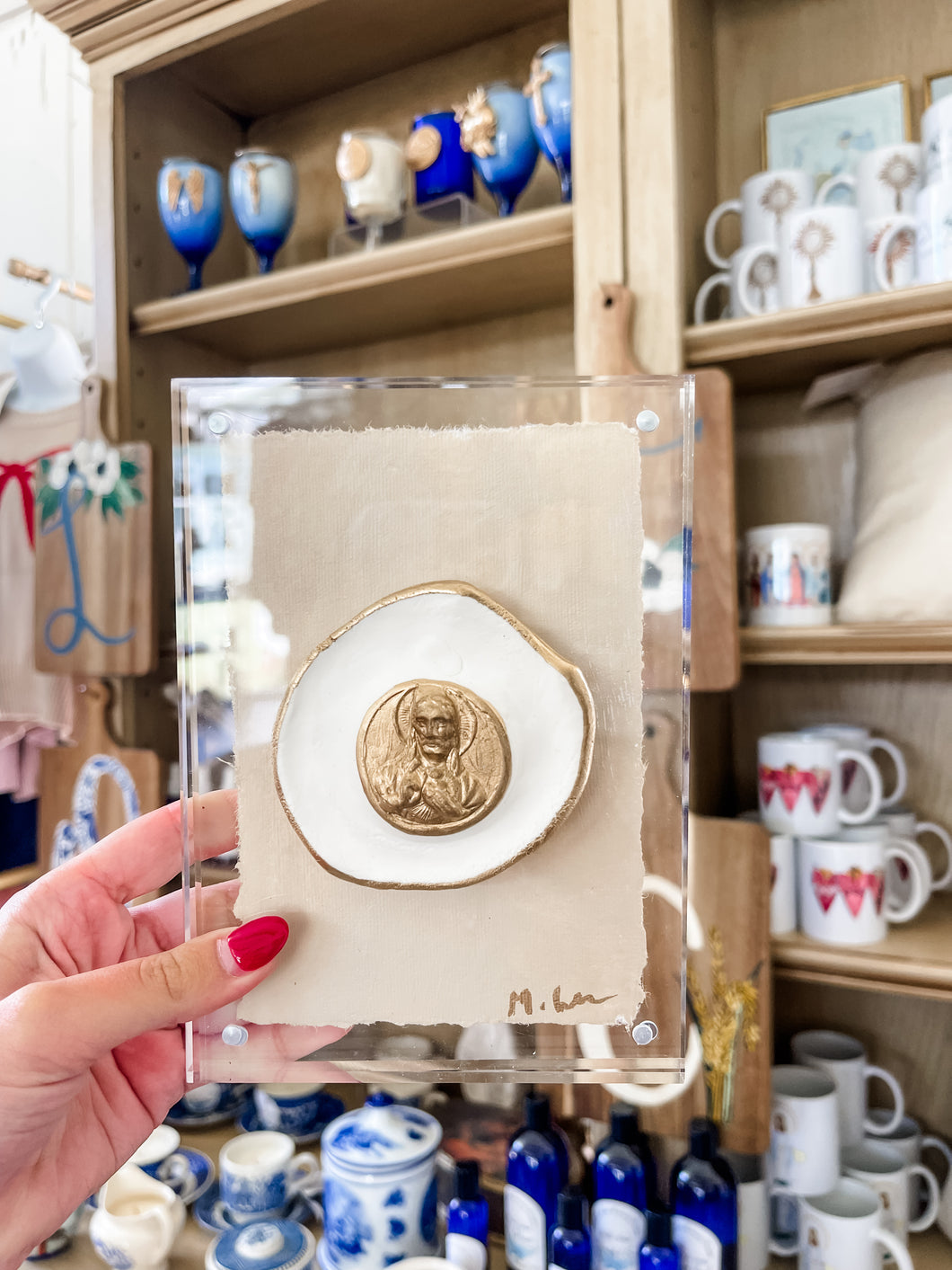Gold/White Sacred Heart of Jesus Acrylic Frame with Intaglio - Mae Mae Art by Maegan Hanna
