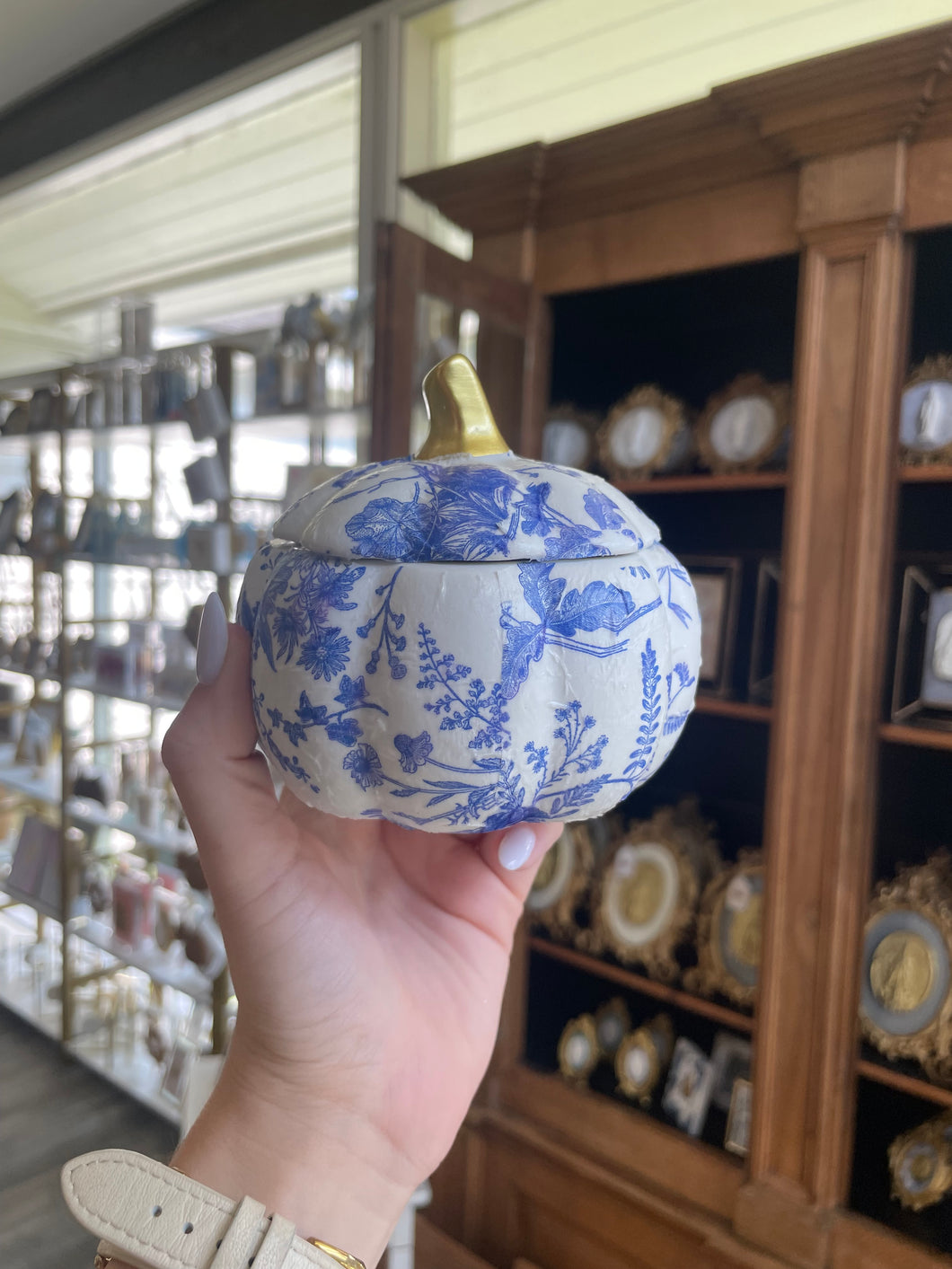 Lidded blue and white pumpkin -Grace and Mercy Co