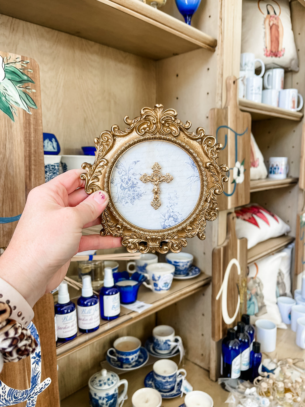 Crucifx on cream floral Backed Vintage Gold Frame- Christina Yeager Designs