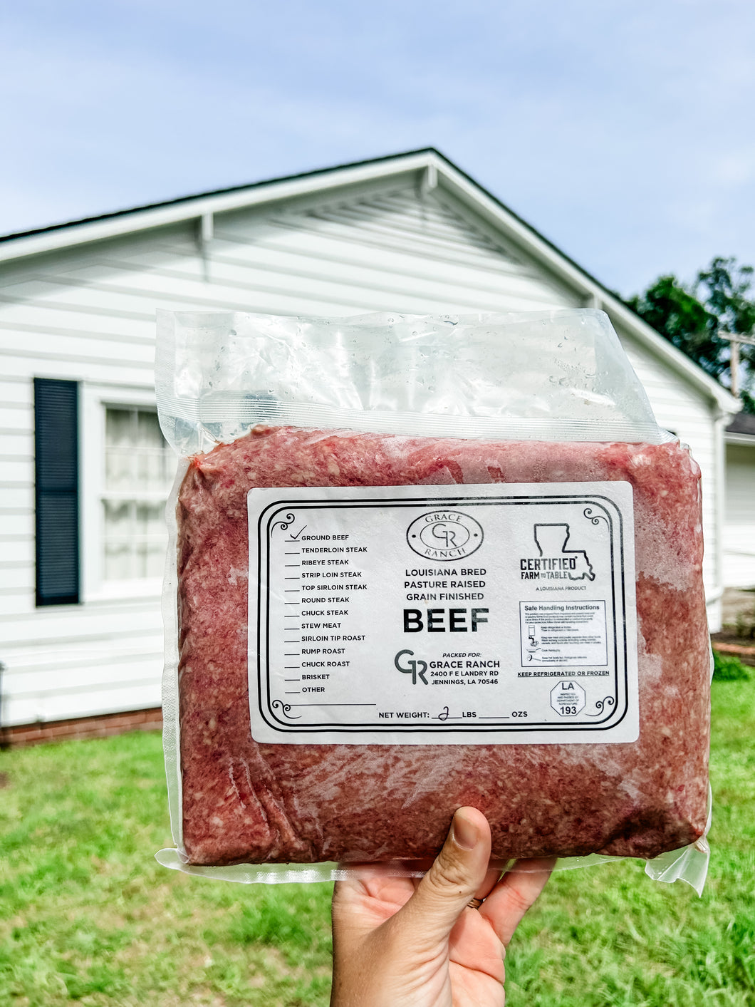 Ground beef - 2lb pack - Certified farm to table - Louisiana bred, pasture raised, grain finished - Grace Ranch- pickup only