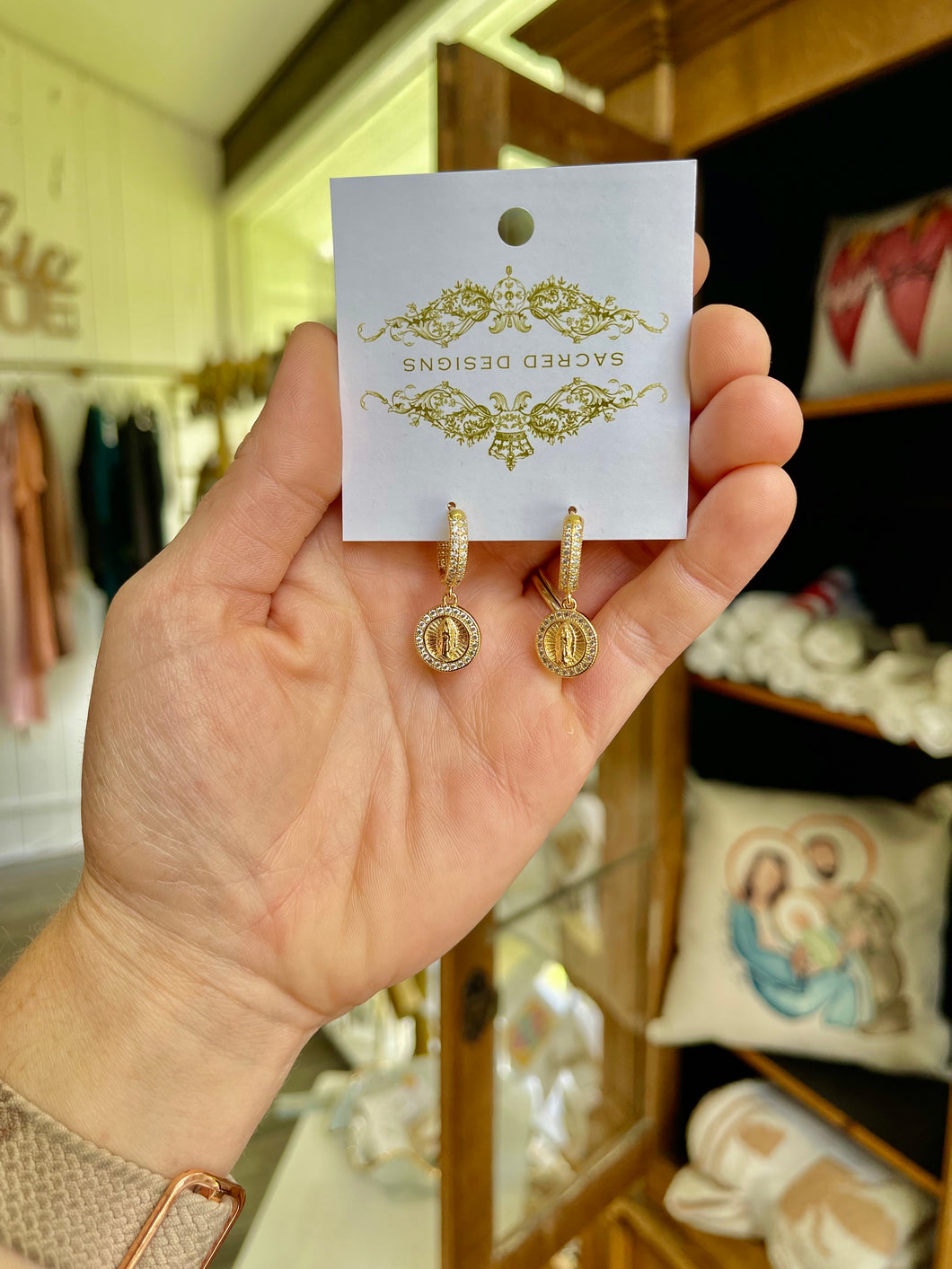 Rhinestone Mary drop earrings/large- Sacred Designs