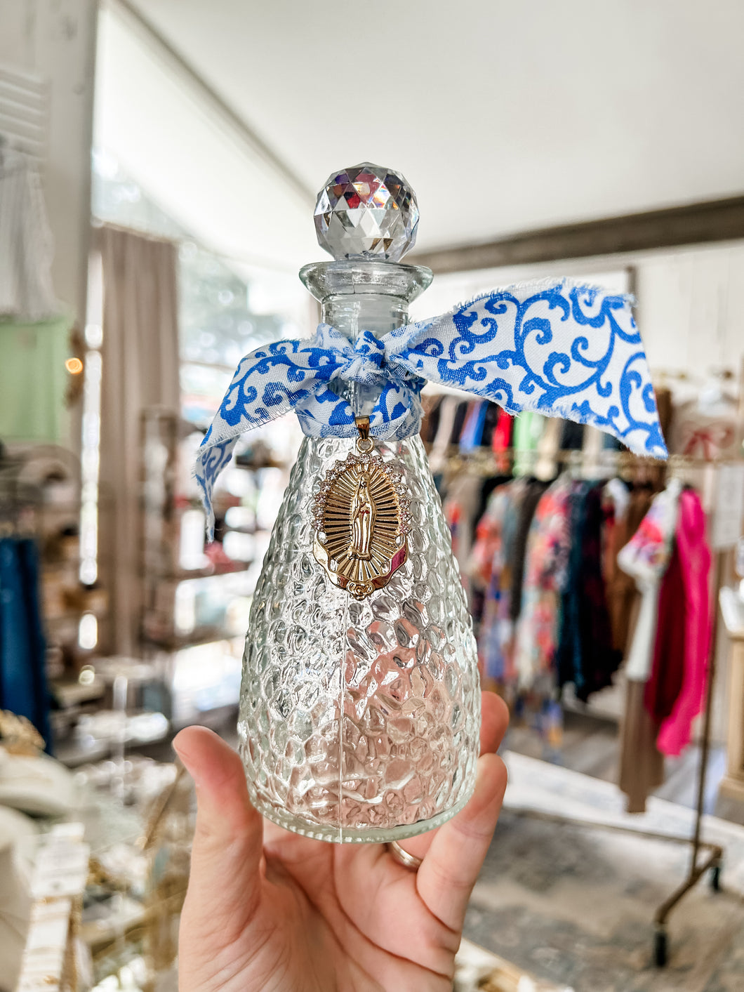 Holy Water Bottle with White and Blue Ribbon With Statue of Mary- The Gilded Mosquito by Lisa Leger