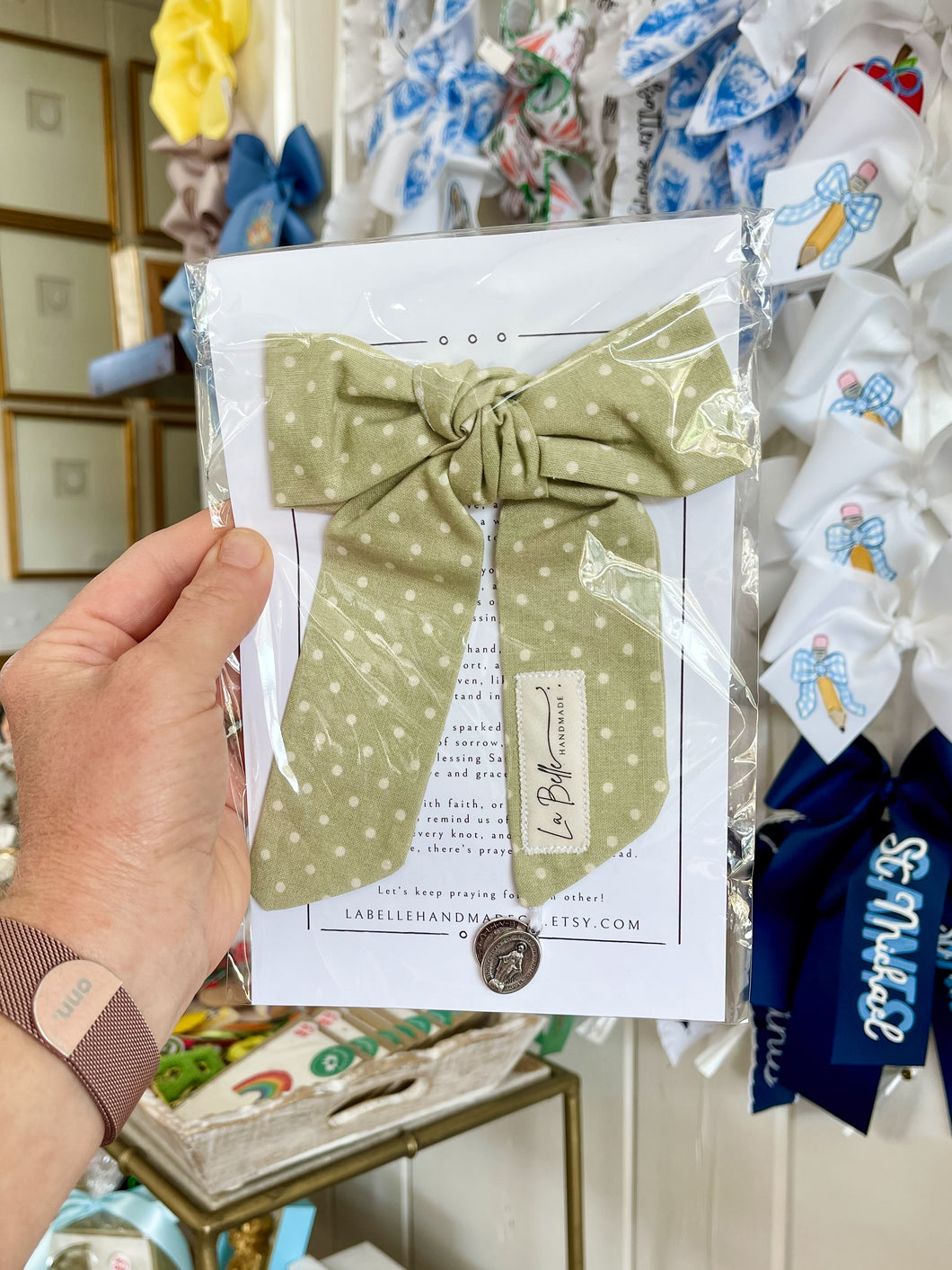 The La Belle Blessing Sash - green polka dot  - La Belle Handmade Co.