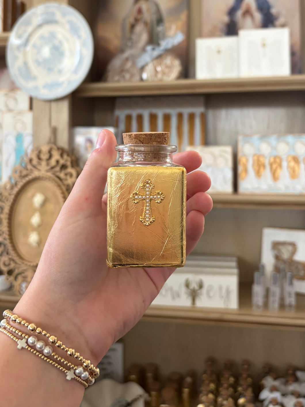 Medium square holy water bottle # 2 gold/pearl cross- By JLM Designs
