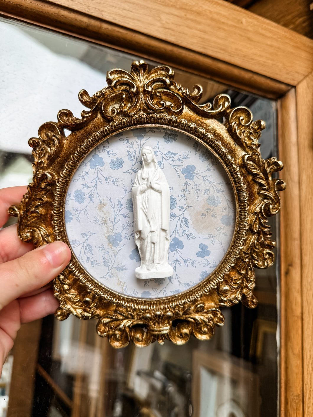 Mother Mary on blue floral Backed Vintage Gold Frame- Christina Yeager Designs
