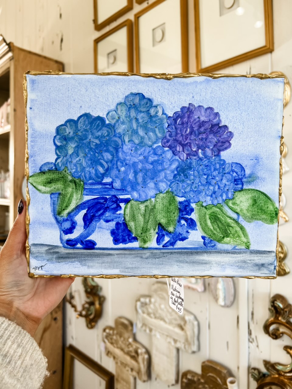 Medium Blue Hydrangea in Blue and White Vase- Belle Reve Designs by Megan Gatte