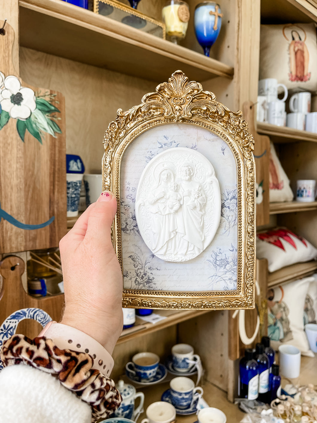 Holy Family on Cream Floral Backed Vintage Gold Frame- Christina Yeager Designs