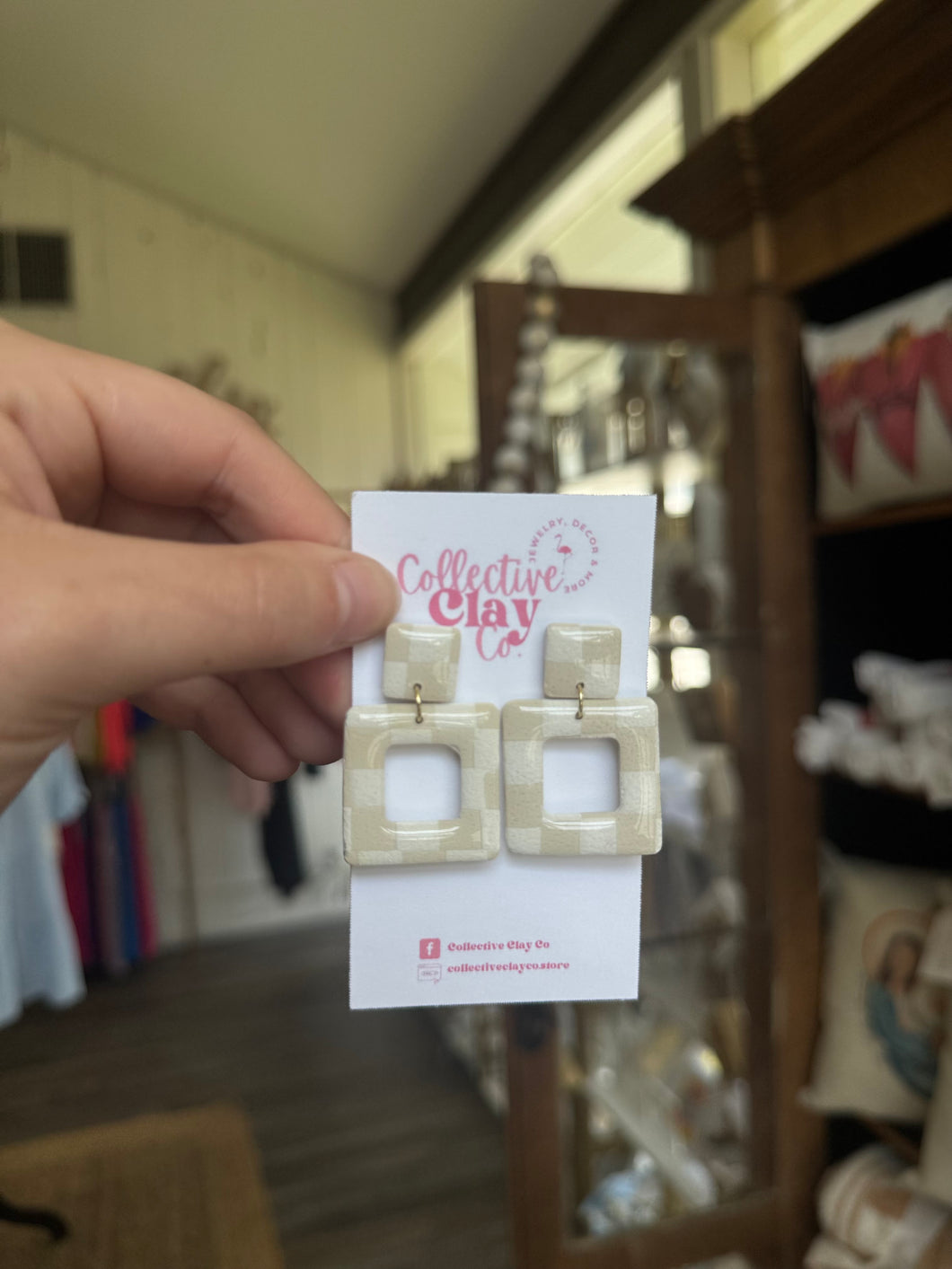 Nude Checker Dangel (Square) Earings -Collective Clay by Julie Schrader