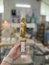 Load image into Gallery viewer, Wood crosses in white with design with hangers - Sacred Designs
