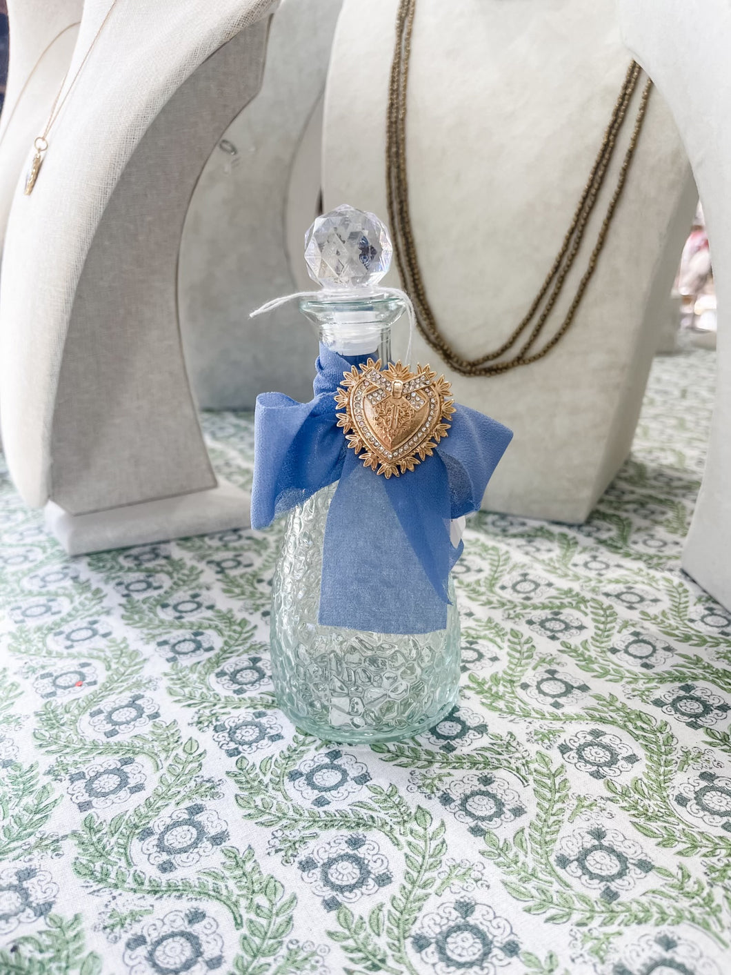 Holy Water Bottle with Baby Blue Ribbon with Gold and Diamond Sacred Heart- The Gilded Mosquito by Lisa Leger