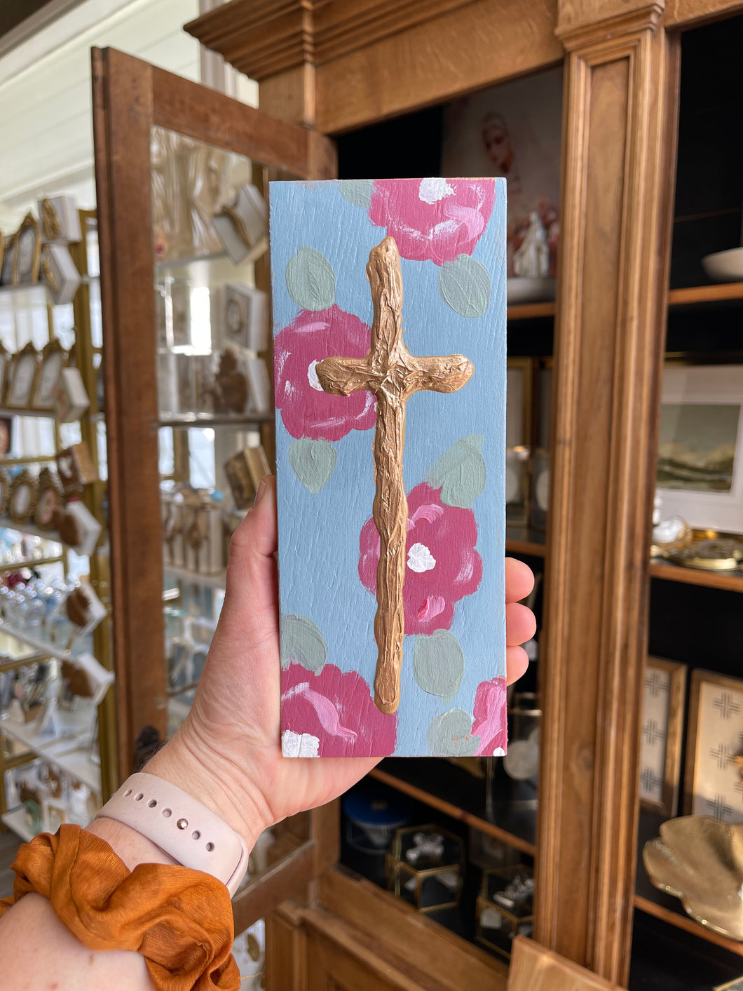 Bright pink Floral textured gold leaf cross- Stretched Out Designs by Chelse Breaux