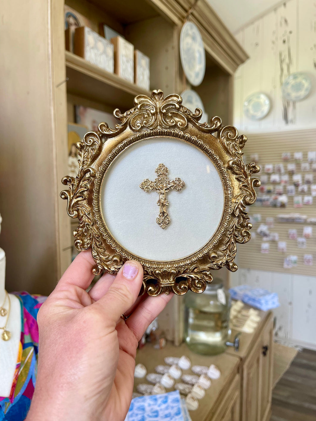 Crucifix on champagne Pearl Backed Vintage Gold Frame- Christina Yeager Designs
