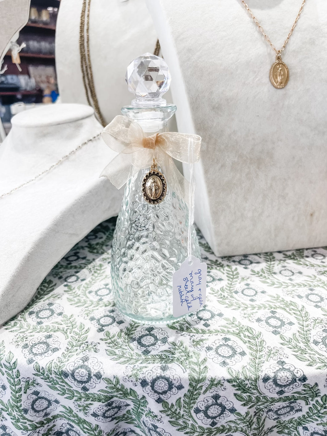 Holy Water Bottle Gray and Gold Mary with Sheer Gold Ribbon- The Gilded Mosquito by Lisa Leger