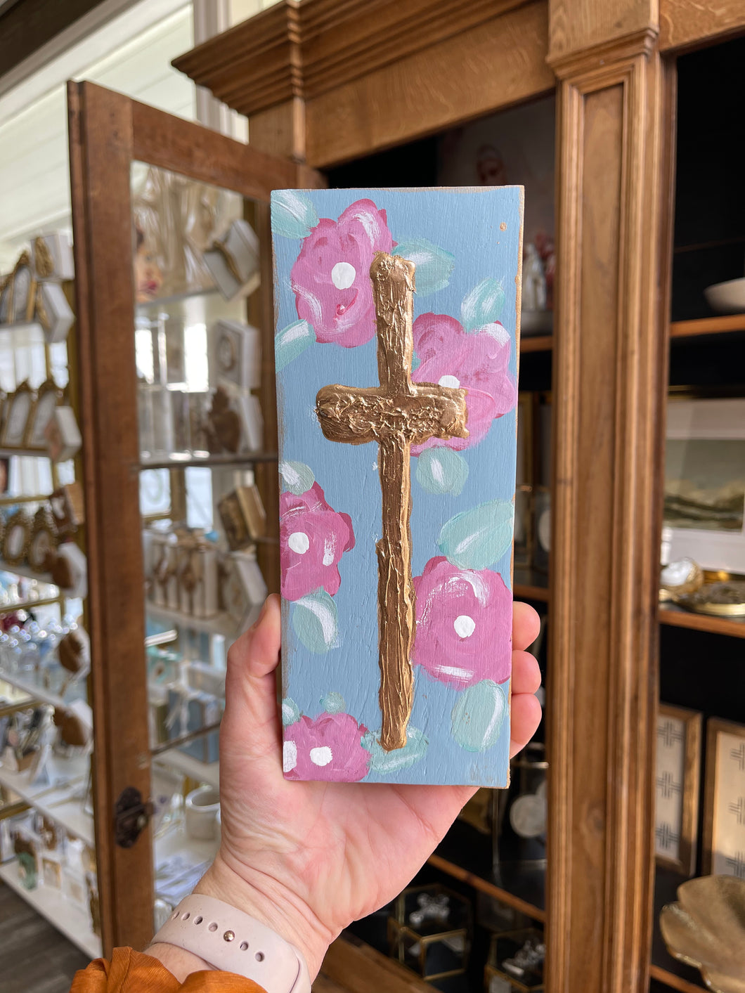 Pink Floral textured gold leaf cross- Stretched Out Designs by Chelse Breaux