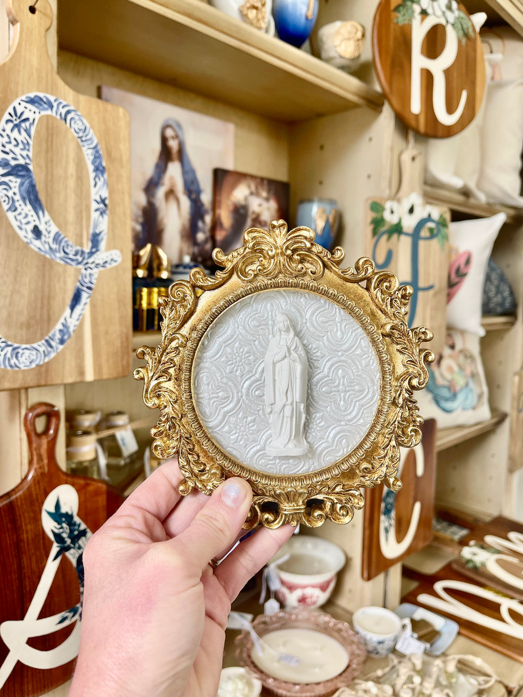 Mother Mary on ivory medallion backed Vintage Gold Frame- Christina Yeager Designs