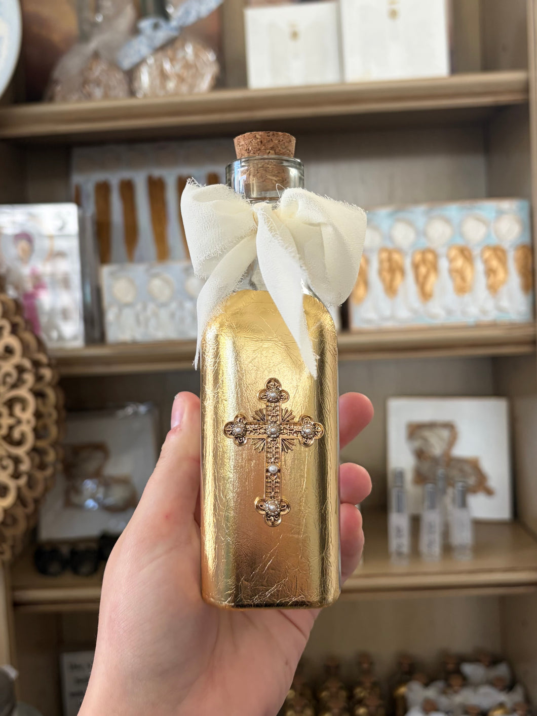 Medium holy water bottle gold & diamond cross w/Bow - By JLM Designs