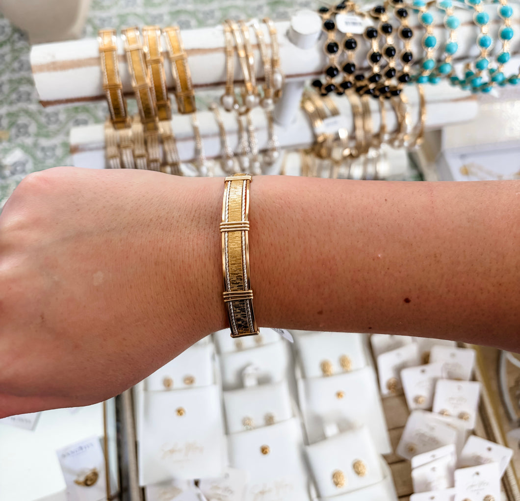 wide gold lines center 2 flat gold-2silver twist bracelet- Q’s Jewelry Design