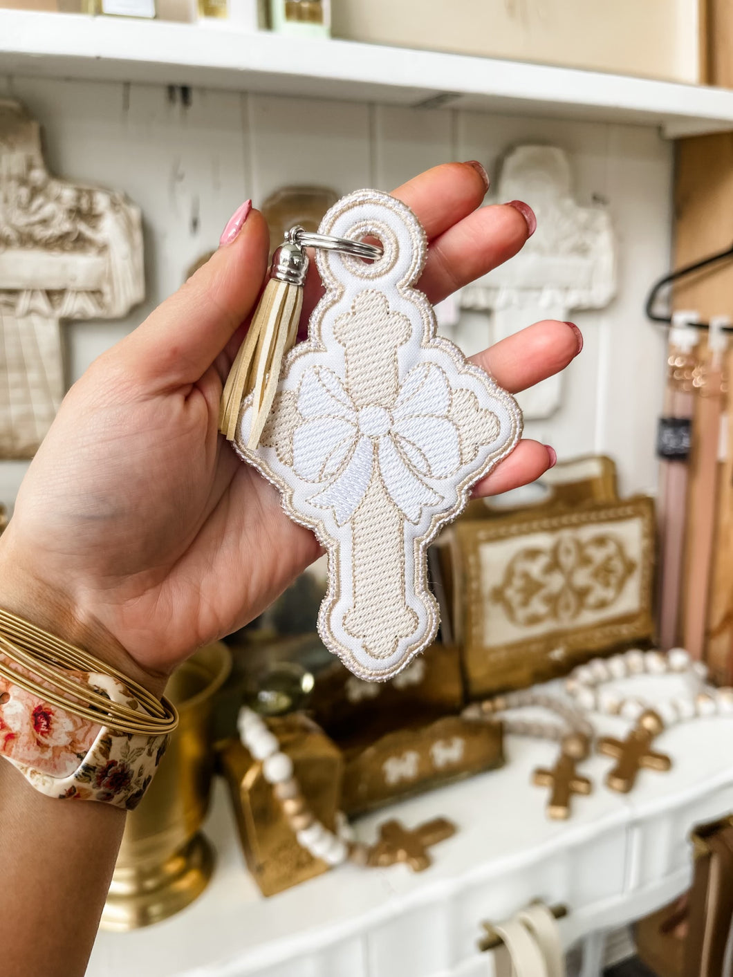 Cross Keychain Neutral-Toupelo Crafts by Peyton Toups