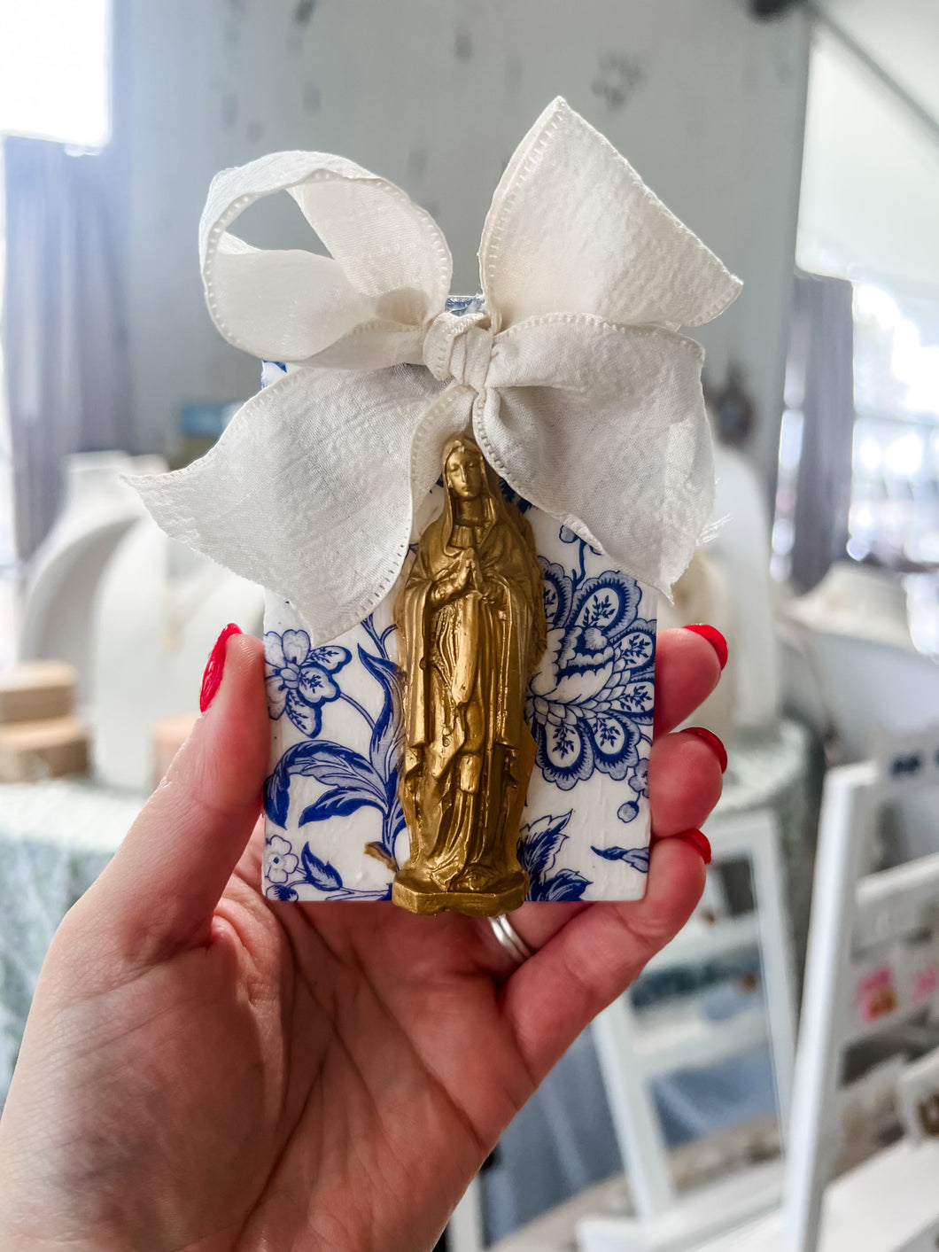 Magnet Blue and White Gold Virgin Mary B with White Ribbon-Grace and Mercy Company by Ginger