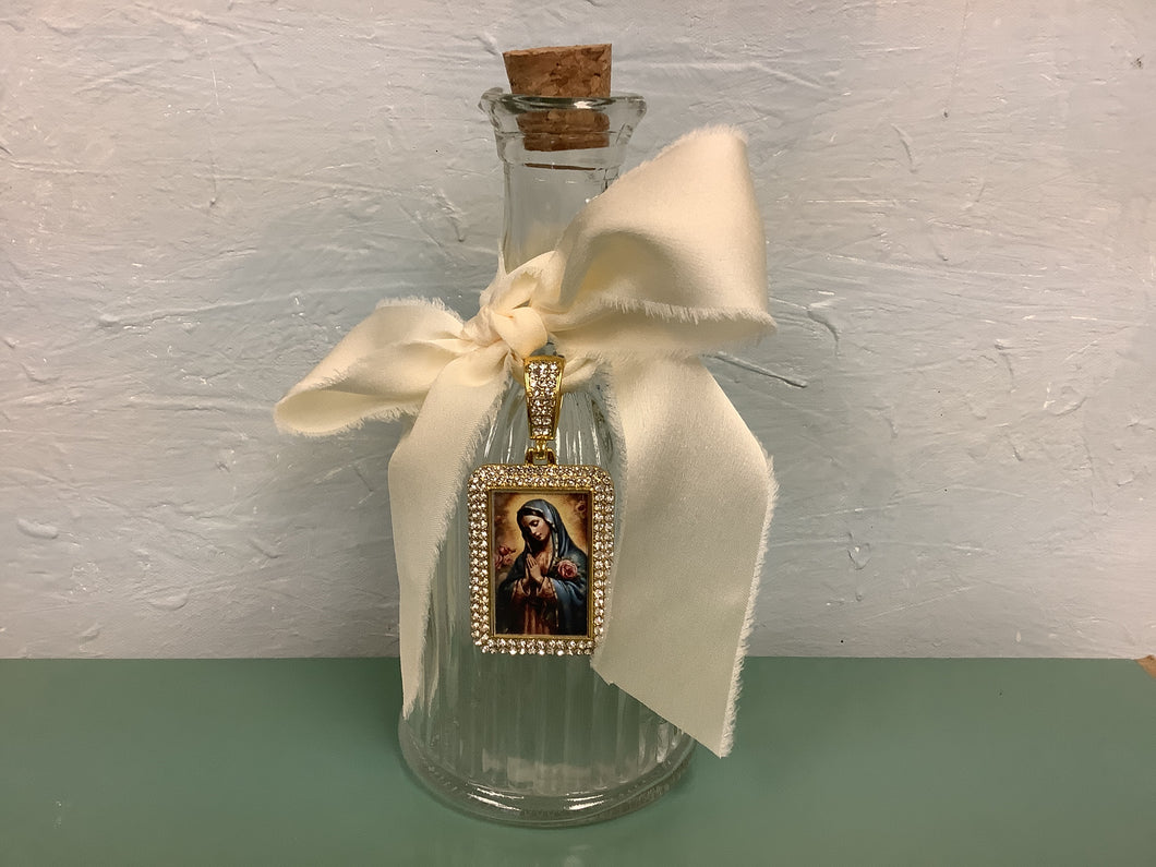 Holy Water Bottle with gold Mary praying hands white bow- The Gilded Mosquito by Lisa Leger