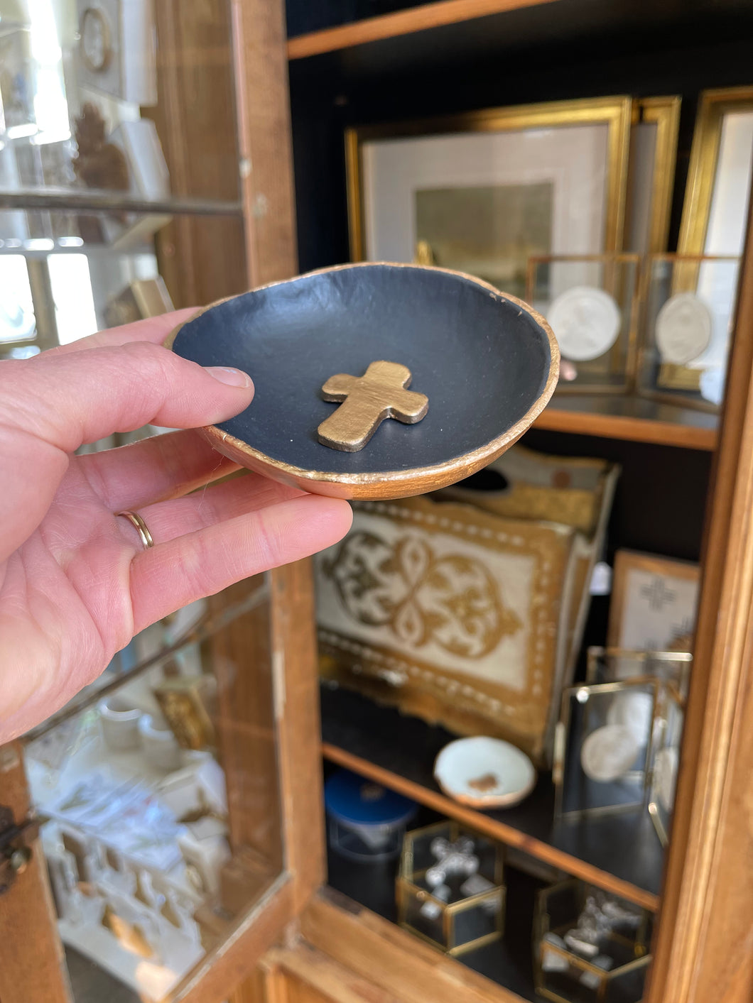 Black with cross trinket dish -Stretched Out Designs By Chelse Breaux