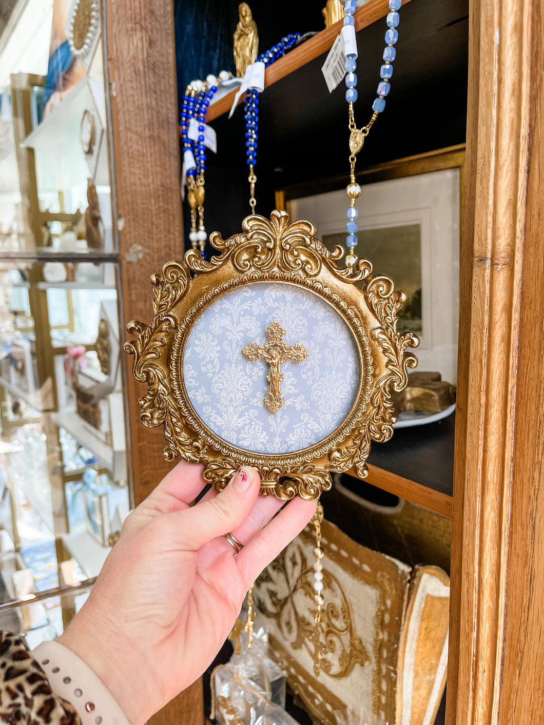 Crucifix on blue damask Backed Vintage Gold Frame- Christina Yeager Designs