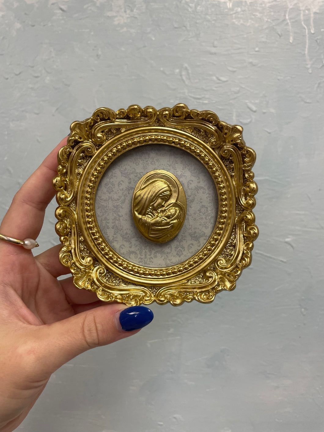 Mother Mary and Baby Jesus on damask backed on vintage gold frame - Christina Yeager Designs