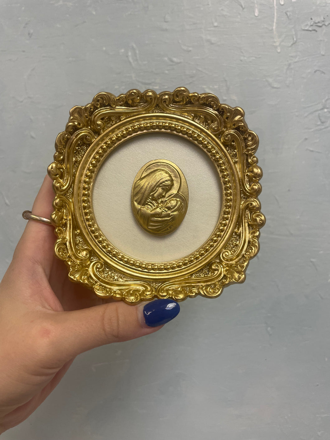Mother Mary and Baby Jesus on champagne pearl backed on vintage gold frame - Christina Yeager Designs