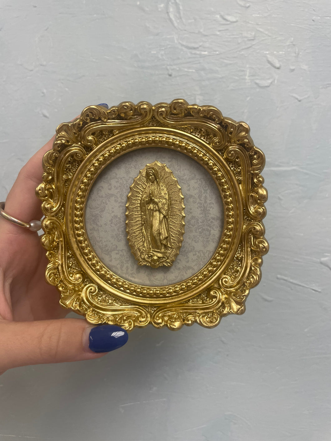 Our Lady of Guadalupe on damask backed on vintage gold frame - Christina Yeager Designs