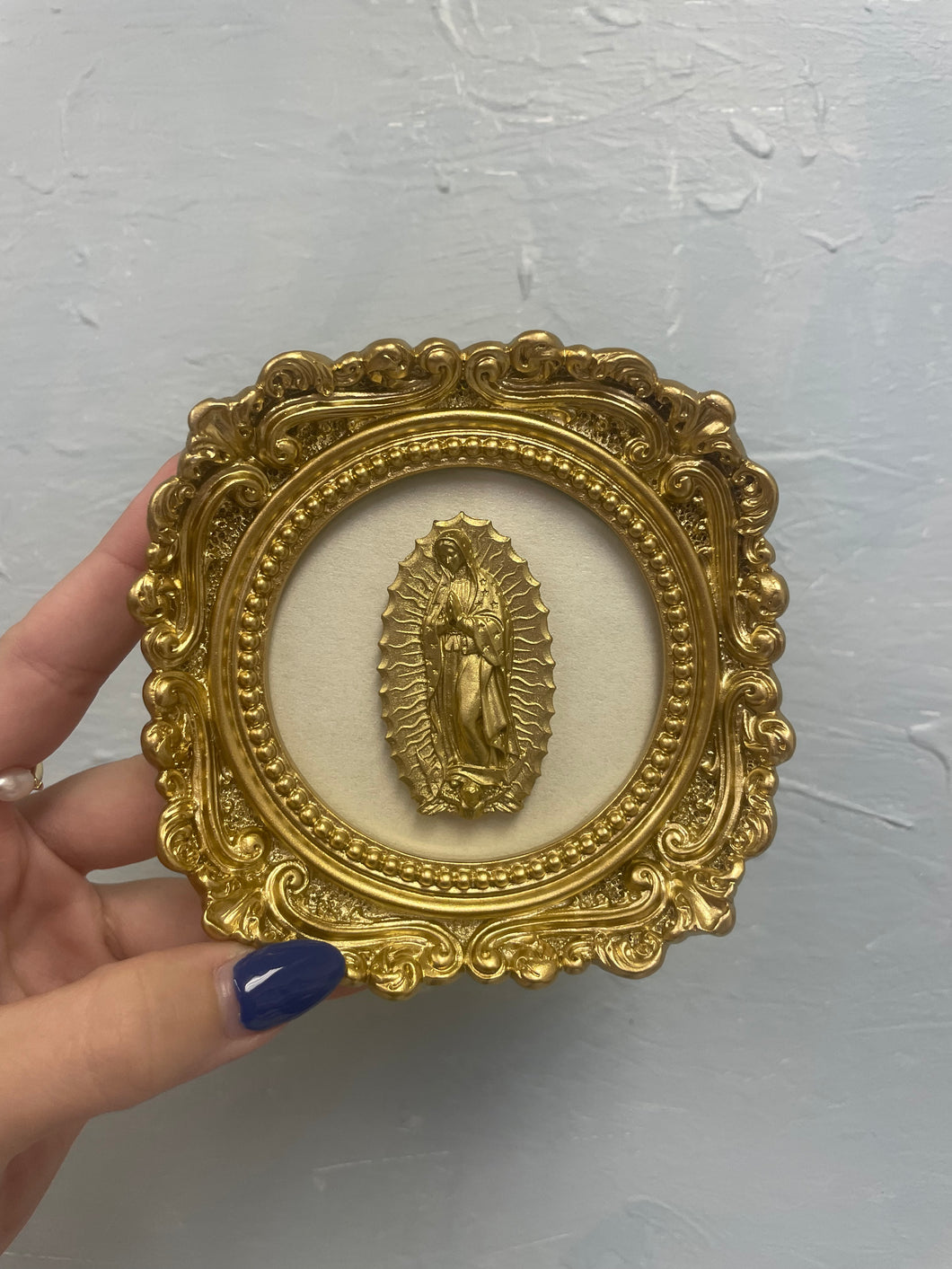 Our Lady of Guadalupe on champagne pearl backed on vintage gold frame - Christina Yeager Designs