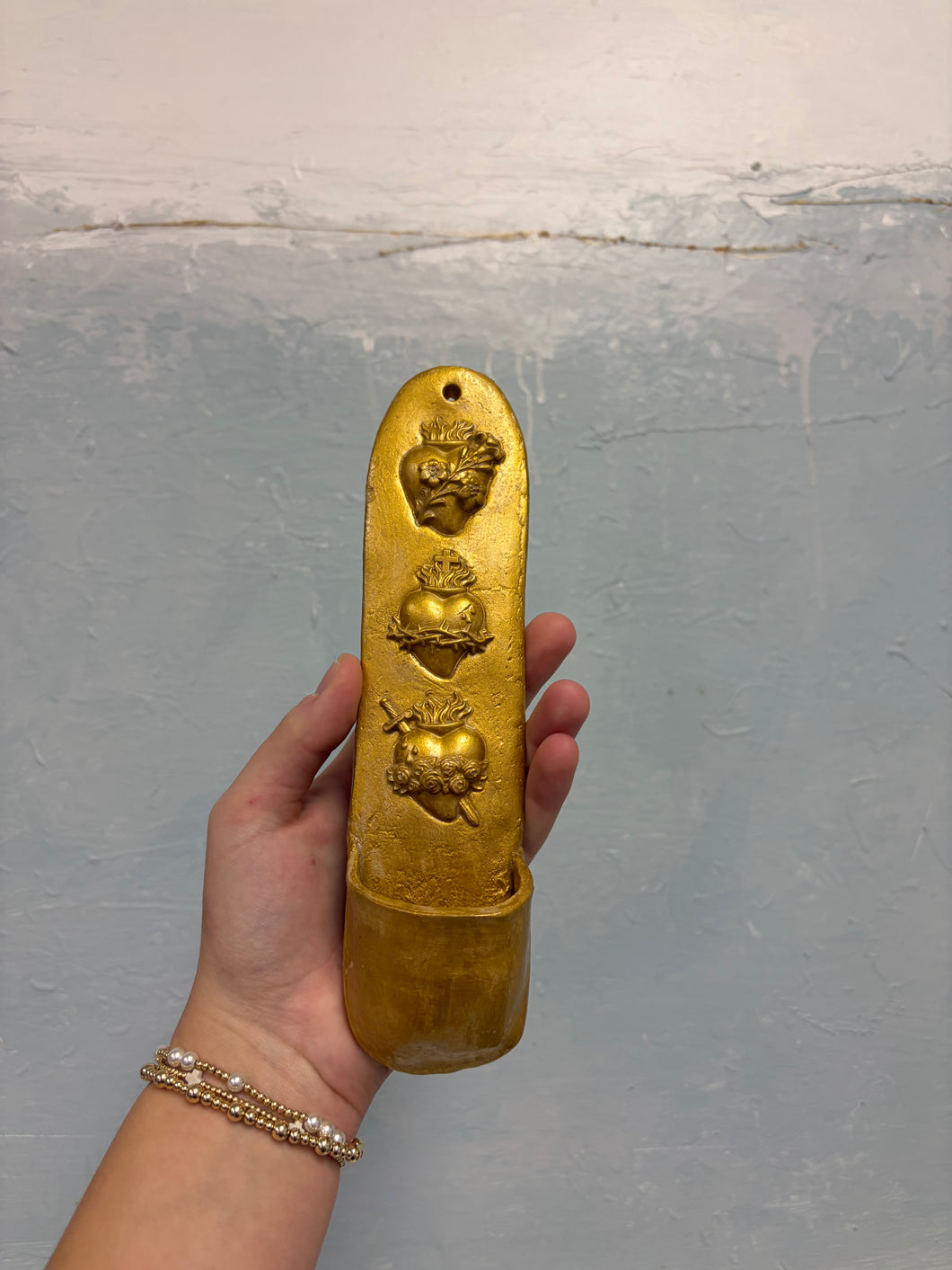 Large gold holy hearts water font - Mary Abraham Collective
