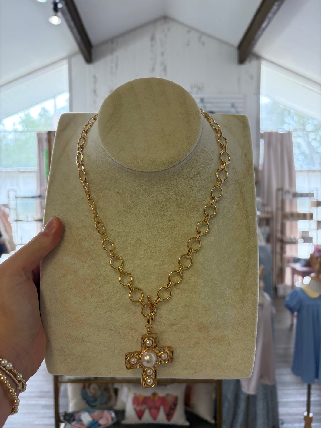 Large pearl cross necklace - The Gilded Mosquito by Lisa Leger
