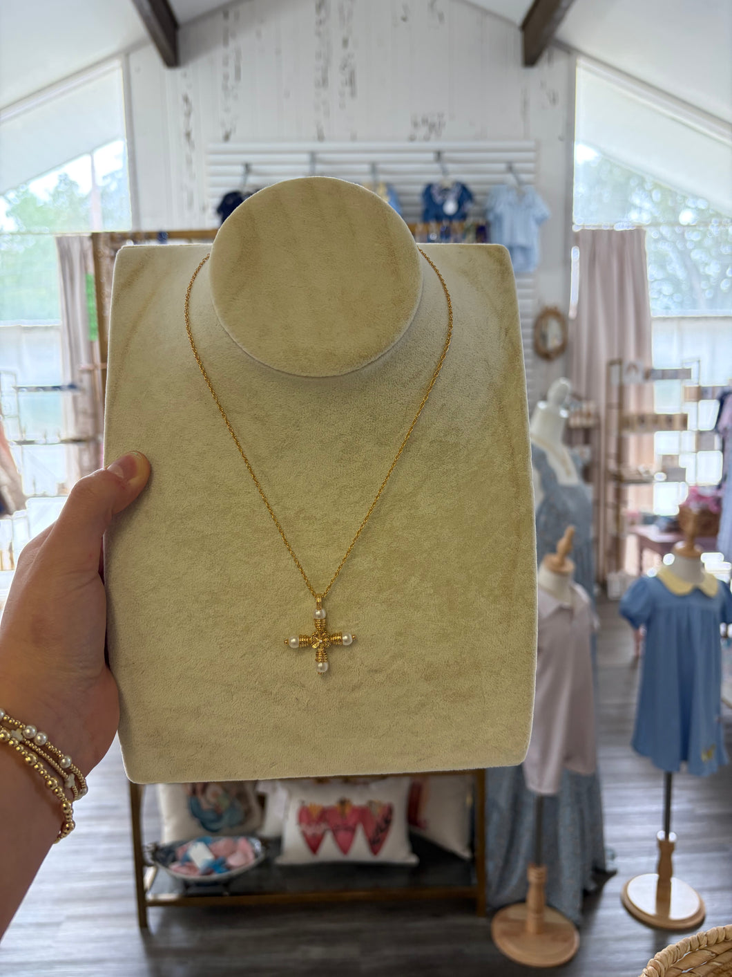 Small pearl cross necklace - The Gilded Mosquito by Lisa Leger