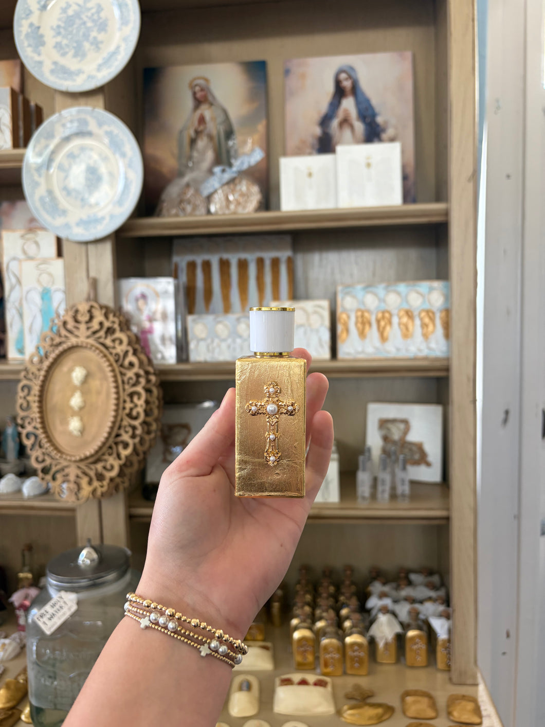 Medium holy water spray bottle pearl cross - By JLM Designs